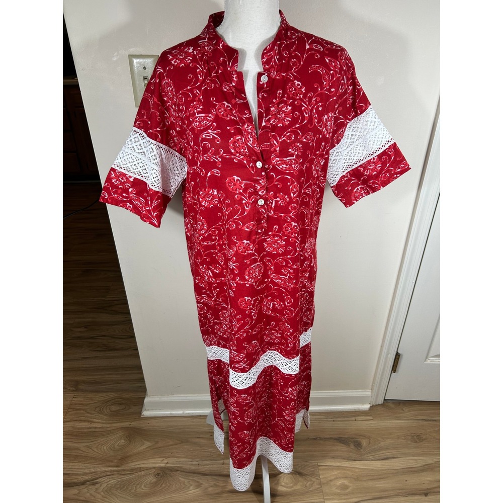 Julia Amory Maxi Dress Sz M‎ Red Floral Block Print Lace Cotton Grandmillennial